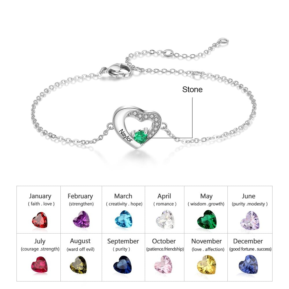 Personalized Engraved Name Bracelets Heart Birthstone Chain Bracelet